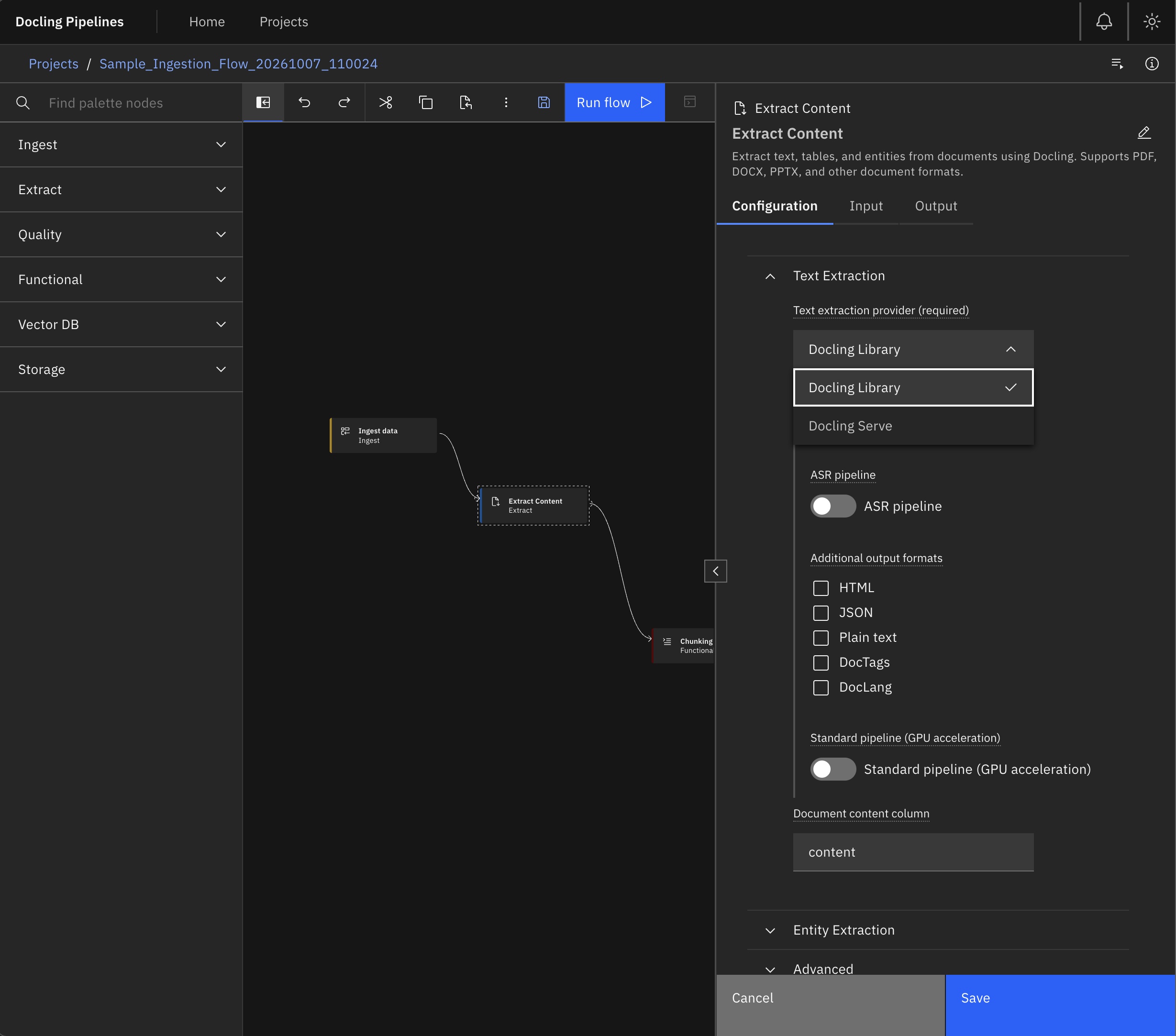 Extract Operator Properties panel showing Docling Library, Standard Accelerated Pipeline, VLM presets, and table extraction toggles.