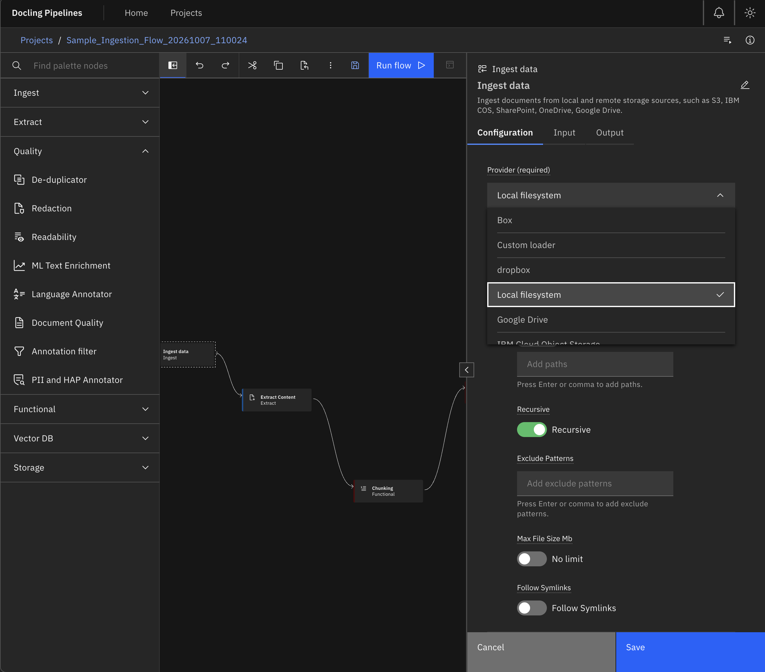 Ingest Source Operator Properties panel showing storage provider, connection parameters, and file filter options.