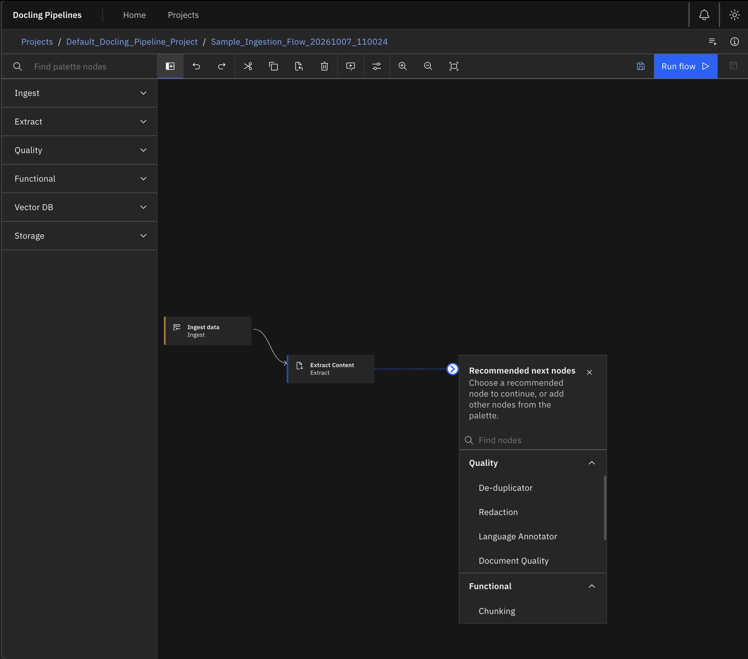 Node suggestion popup on the visual canvas showing categorized compatible downstream operators.